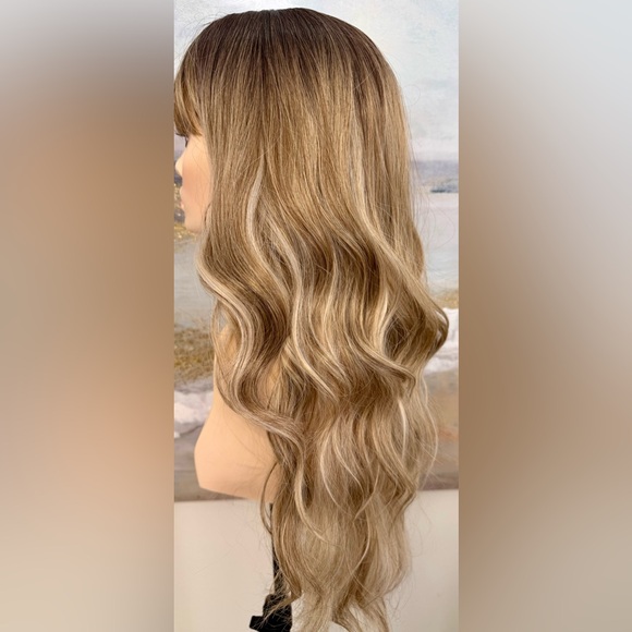 HAIR, 25” Long Wavy Layers, Center Part Bangs Ombre Med Brown/Blonde - Picture 12 of 16